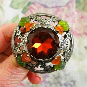 VINTAGE Scottish Thistle Brooch: Faux Cairngorm Rhinestone Silver Celtic Jewelry